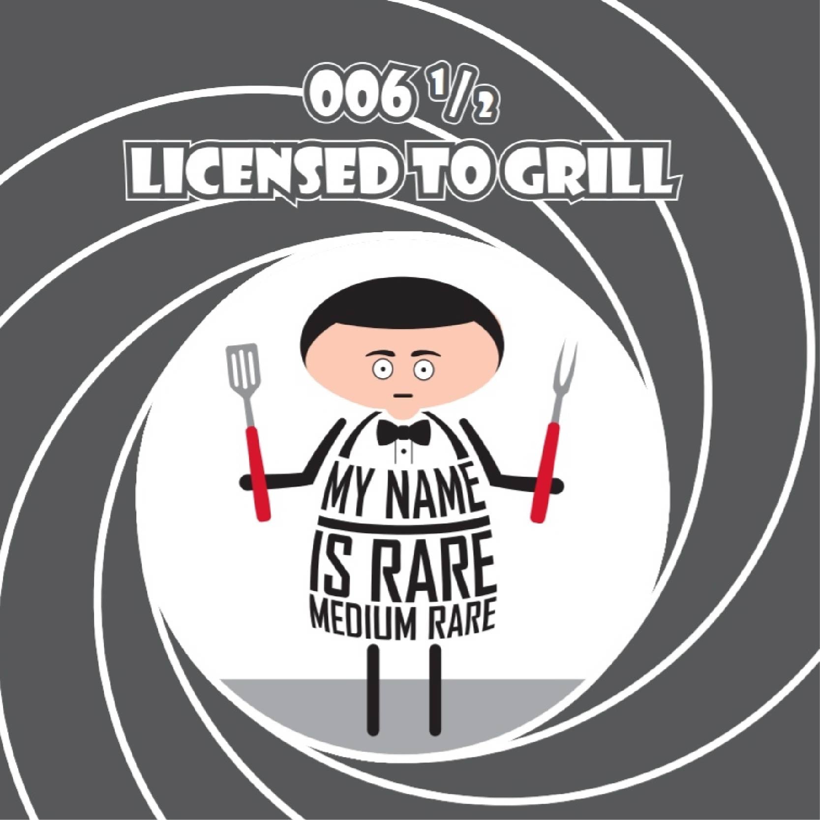 In a twist on James Bond, card is titled 006 and a half Licensed to Grill.  Cartoon James Bond wears apron, holds barbecuing tools and states My name is Rare, Medium Rare. Card is 150mm square and supplied with eco-Kraft envelope.   