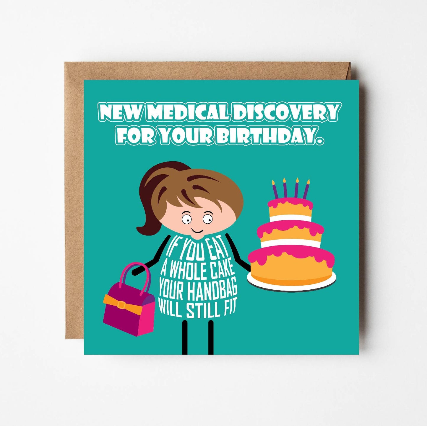 Card titled New Medical Discovery For Your Birthday.  Cartoon lady holds handbag in one hand and looks longingly at a giant, tiered birthday cake with candles in the other.  Additional text states that if you eat a whole cake, your handbag will still fit. 