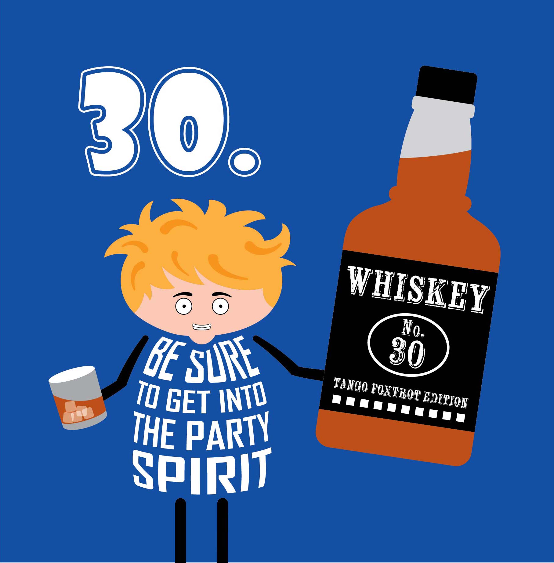 Card is printed with 30 in top left corner in white on blue background. A cartoon guy holds a giant bottle of whiskey labelled No.30 Whiskey Tango Foxtrot in one hand and glass of whiskey in the other. Additional text says Be sure to get into the party spirit.  Card is 150mm square and supplied with eco-Kraft envelope.