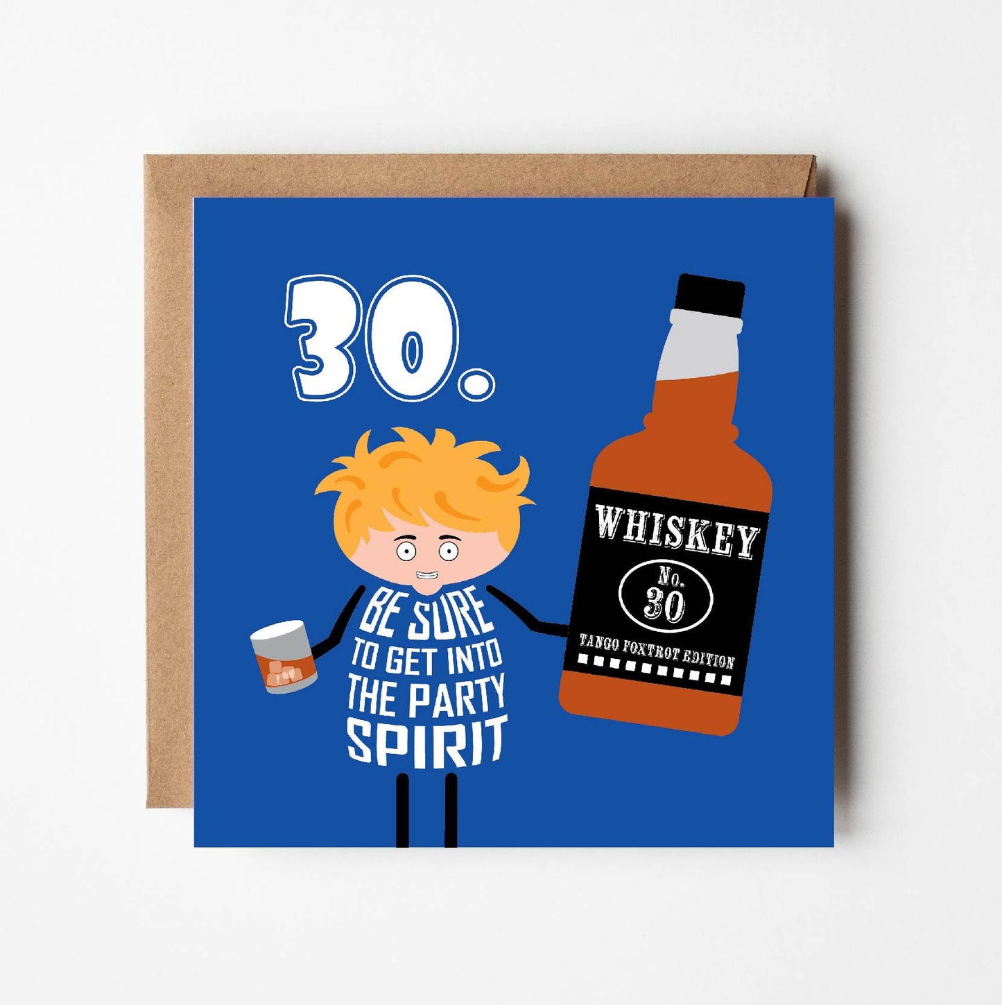 Card is printed with 30 in top left corner in white on blue background. A cartoon guy holds a giant bottle of whiskey labelled No.30 Whiskey Tango Foxtrot in one hand and glass of whiskey in the other. Additional text says Be sure to get into the party spirit.  Card is 150mm square and supplied with eco-Kraft envelope.