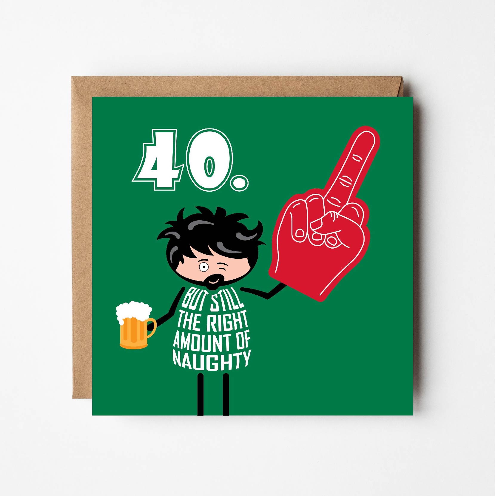 Text on card says 40 but still the right amount of naughty.  A cartoon man holds a glass of beer in one hand while winking.  In the other hand he holds a giant foam finger with the middle finger raised i.e. flipping the bird. Card is 150mm square and supplied with eco-Kraft envelope.