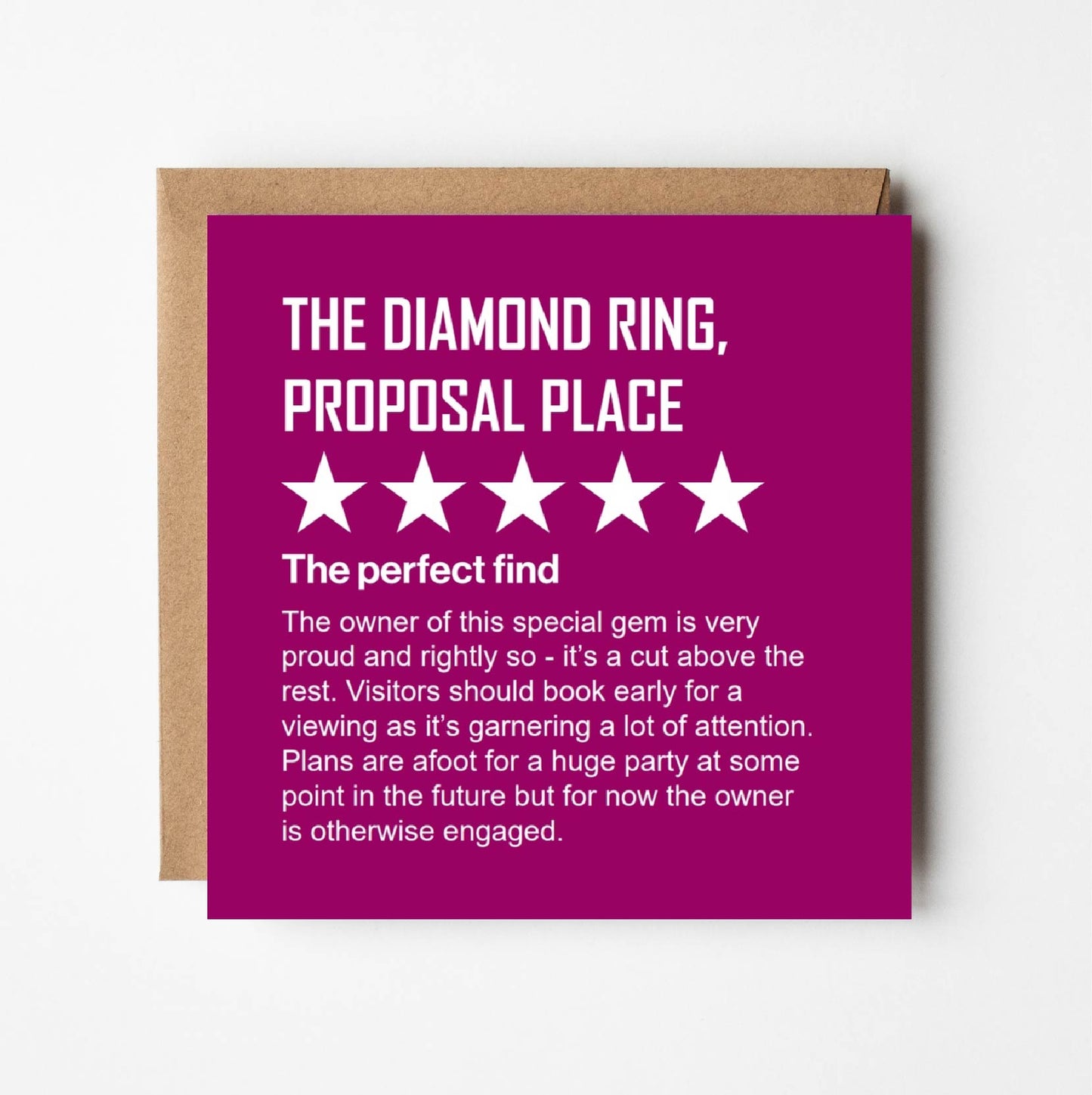 Guest reviews the diamond ring in style of accommodation review.  Gives it 5 stars and states "The owner of this special gem is very proud and rightly so - it's a cut above the rest.  Visitors should book early for a viewing as it's garnering a lot of attention. Plans are afoot for a huge party at some point in the future but for now the owner is otherwise engaged."   