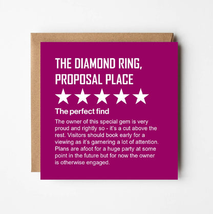 Guest reviews the diamond ring in style of accommodation review.  Gives it 5 stars and states "The owner of this special gem is very proud and rightly so - it's a cut above the rest.  Visitors should book early for a viewing as it's garnering a lot of attention. Plans are afoot for a huge party at some point in the future but for now the owner is otherwise engaged."   