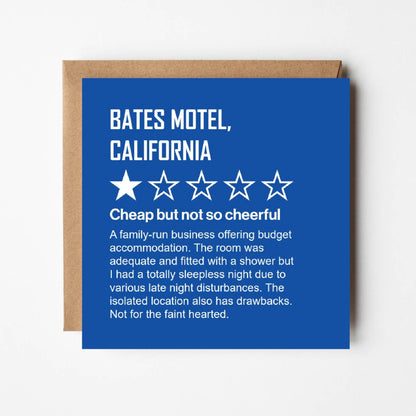 In style of online review, a guest describes their stay at the Bates Motel, California.  White text on blue background. The guest awards 1 out of 5 stars stating: "A family-run business offering budget accommodation. The room was adequate and fitted with  a shower but I had a totally sleepless night after various late night disturbances. The isolated location also has drawbacks. Not for the faint hearted.”  