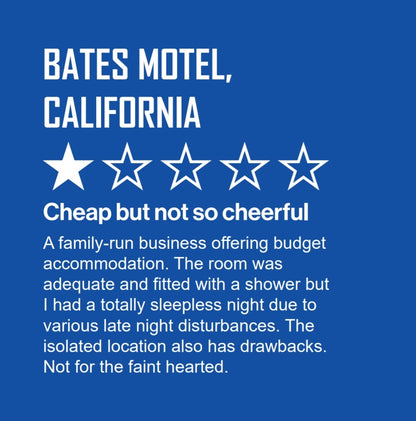 In style of online review, a guest describes their stay at the Bates Motel, California.  White text on blue background. The guest awards 1 out of 5 stars stating: "A family-run business offering budget accommodation. The room was adequate and fitted with  a shower but I had a totally sleepless night after various late night disturbances. The isolated location also has drawbacks. Not for the faint hearted.”  