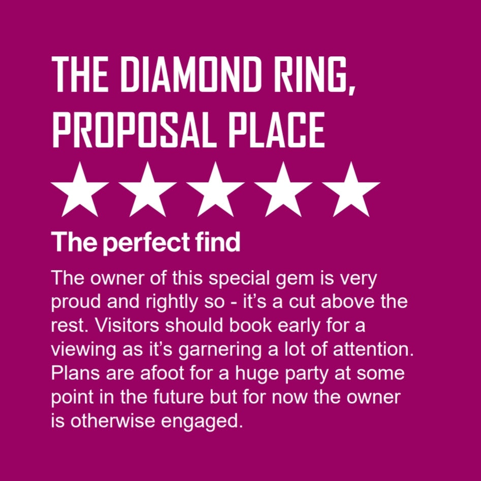 Guest reviews the diamond ring in style of accommodation review.  Gives it 5 stars and states "The owner of this special gem is very proud and rightly so - it's a cut above the rest.  Visitors should book early for a viewing as it's garnering a lot of attention. Plans are afoot for a huge party at some point in the future but for now the owner is otherwise engaged."  